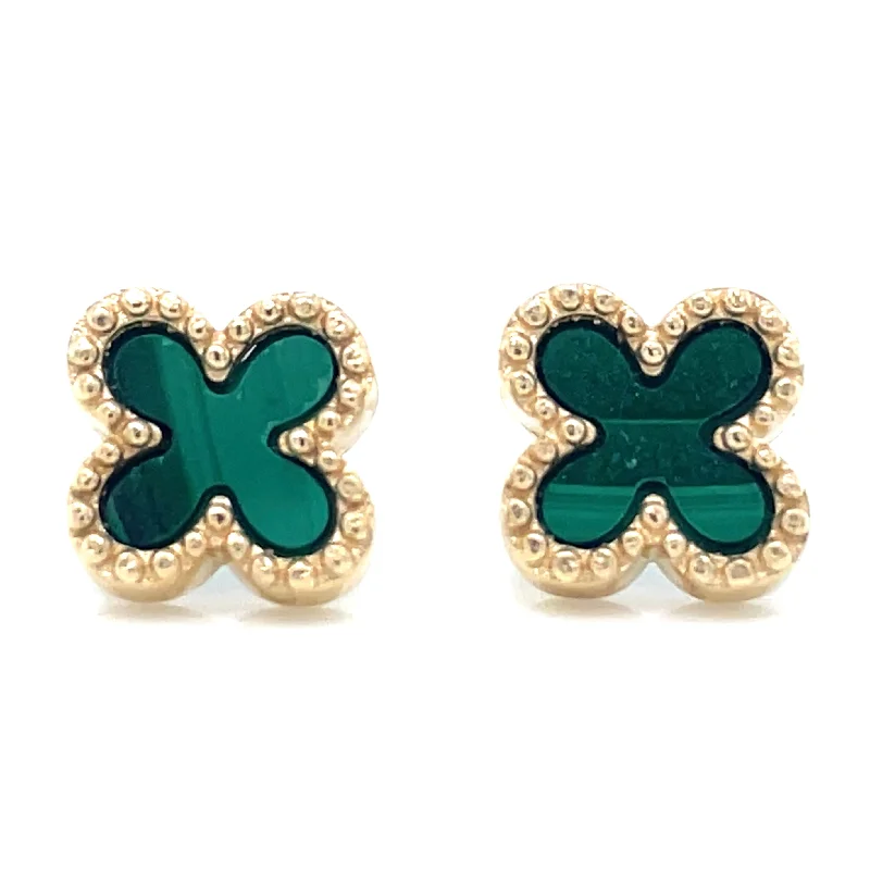 Raised disc earrings-9ct Yellow Gold Malachite Clover Stud Earrings With Beaded Edge