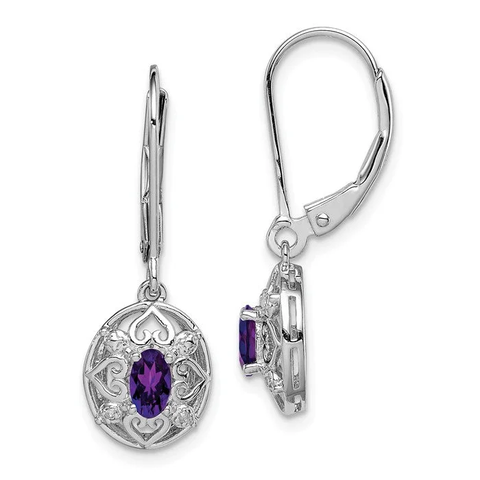 Twisted cord earrings-Sterling Silver Amethyst and Diamond Leverback Earrings