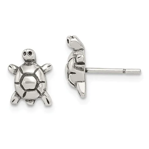 Flat stud earrings-Sterling Silver Antique Turtle 11x8mm Earrings