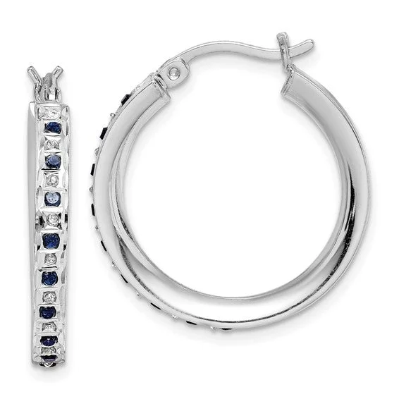 Petal pattern earrings-Sterling Silver Diamond & Blue Sapphire Round Hoop Earrings