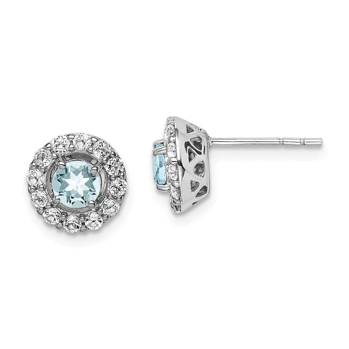 Ruby stone earrings-Sterling Silver Genuine Aquamarine & White Topaz Halo 9mm Stud Earrings