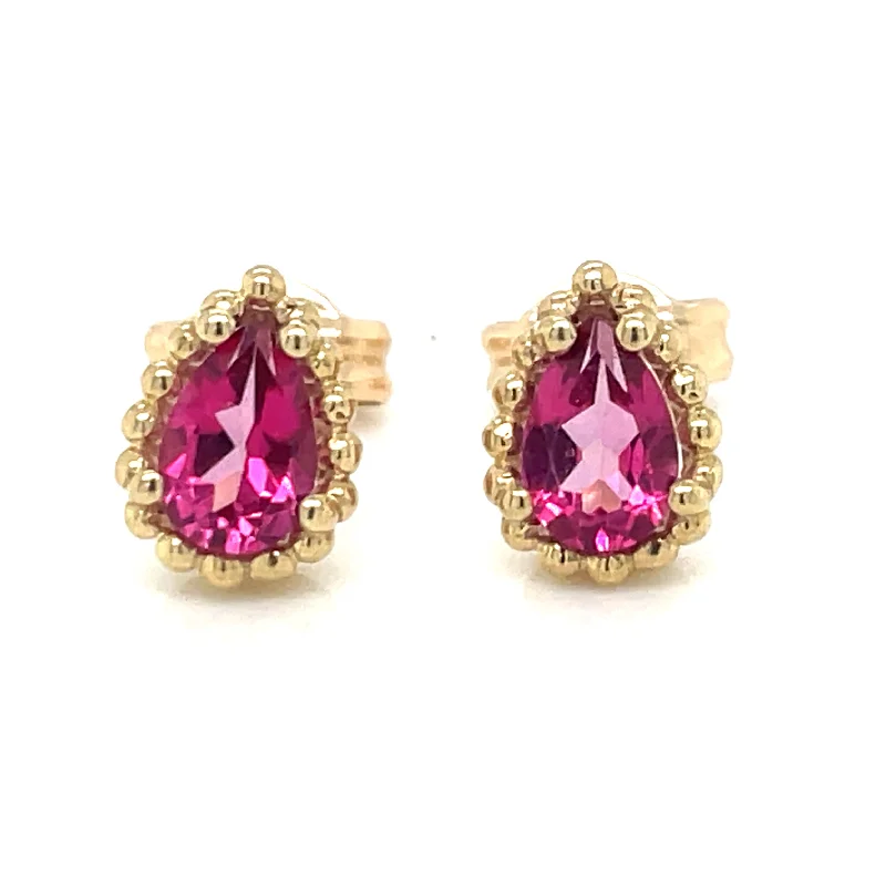 Ruby stone earrings-9ct Yellow Gold Pink Tourmaline Earrings with Dotted Edge