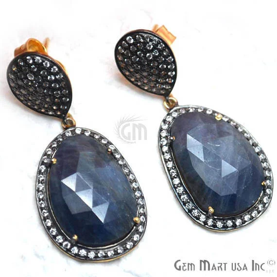 Morganite earrings-Blue Sapphire With Cubic Zirconia Pave Diamond 42x18mm,Gold Vermeil Dangle Drop Stud Earring