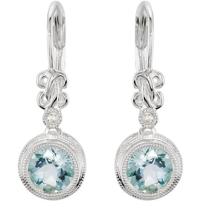 Stacked drop earrings-Sterling Silver or 14k White Gold Aquamarine & .02 CTW Diamond Leverback Earrings