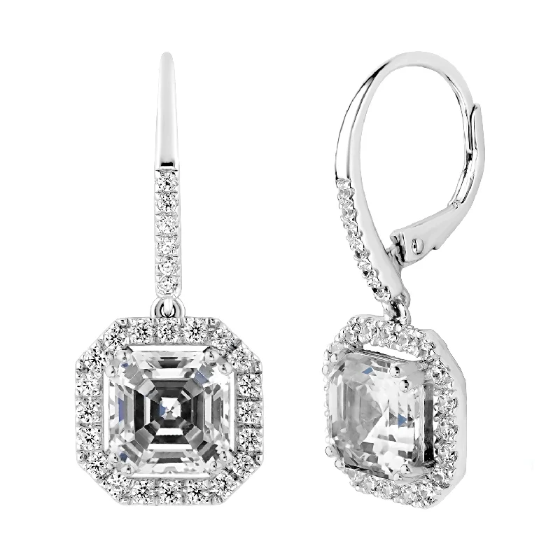 Surf theme earrings-Silver Clear Asscher Cut Drops with Halo & Stone Detailing on Back