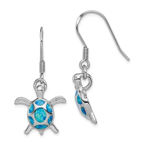 Cord bead earrings-Sterling Silver Created Blue Opal Turtle Dangle Earrings