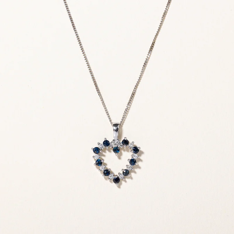 Satin gold necklaces-Sapphire & Diamond Heart Pendant Necklace | 0.30ctw, 0.10ctw | 17" |