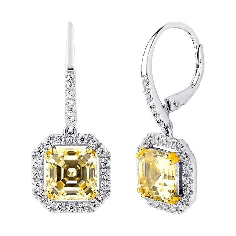 Wool thread earrings-Sterling Silver Fancy Light Yellow Asscher Cut Drops with 18 KGP Prongs & Stone Detailing on Back