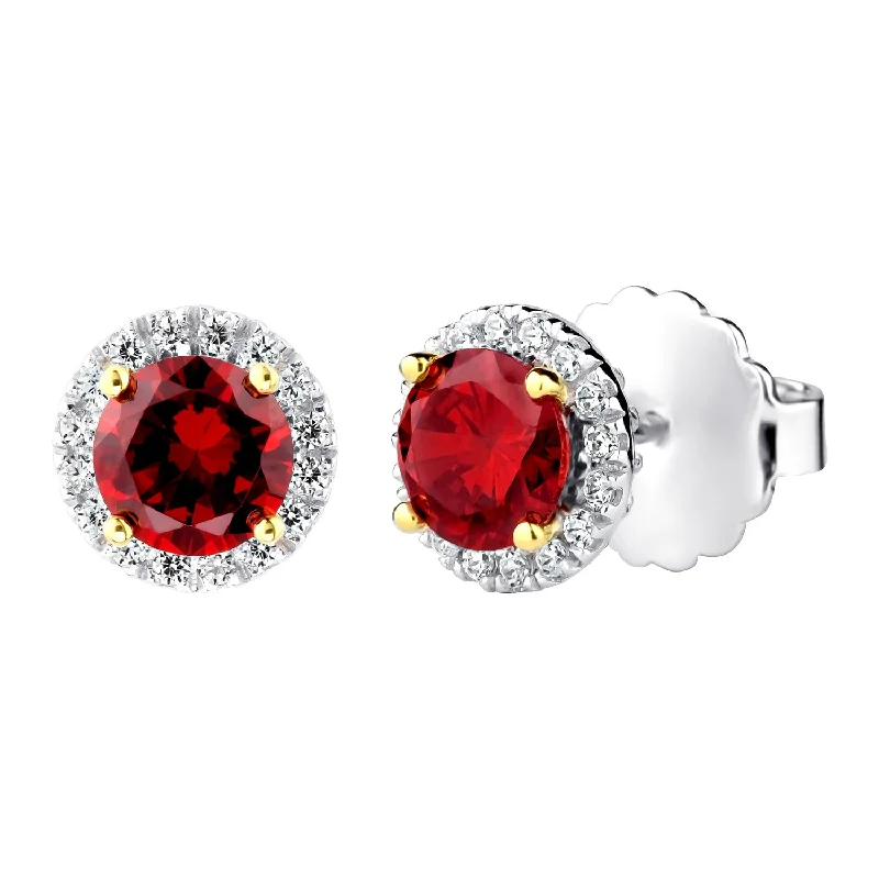 Fine texture earrings-Sterling Silver 1 Carat Garnet-Hued Round Solana Studs with Halo and 18 KGP Prongs