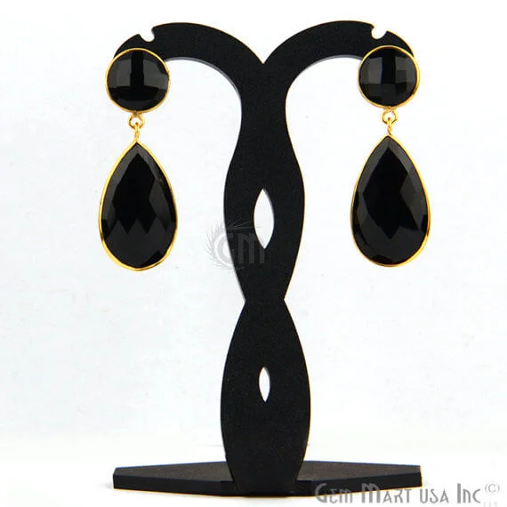 Thick tier earrings-Black Onyx Round & Pears Shape 44x15mm Gold Plated Dangle Hook Earrings