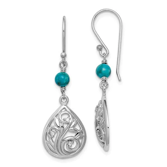 Patina brass earrings-Sterling Silver Filigree CZ and Turquoise Teardrop Dangle Earrings