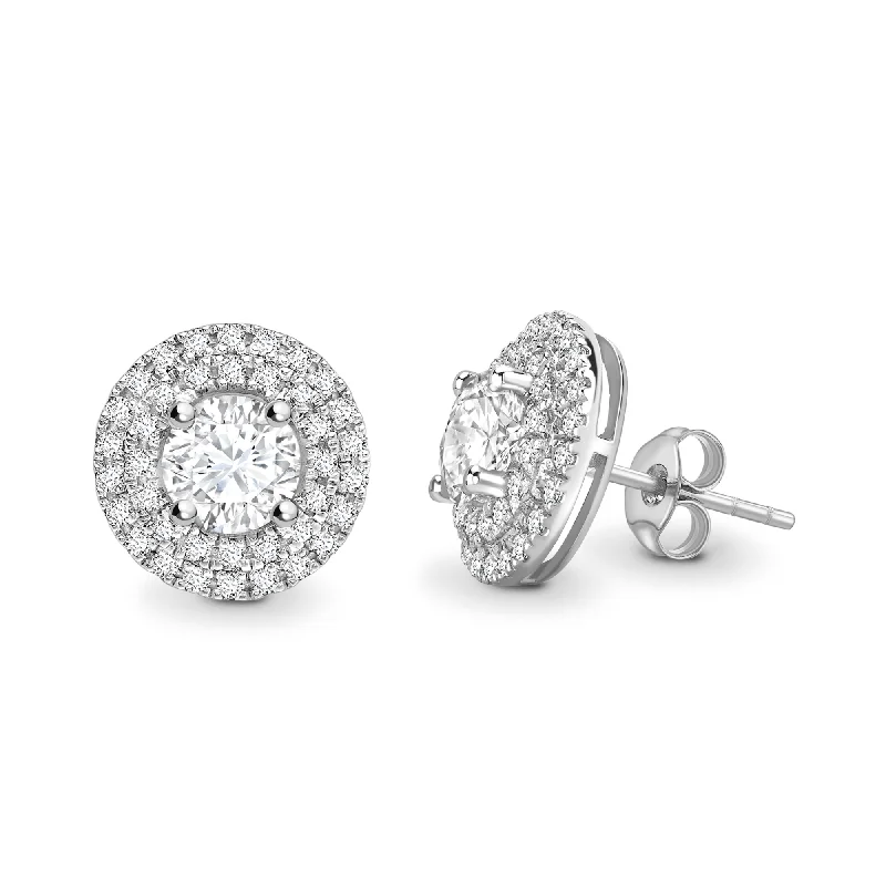 Thin pearl earrings-ROUND DIAMOND DOUBLE HALO STUD EARRINGS