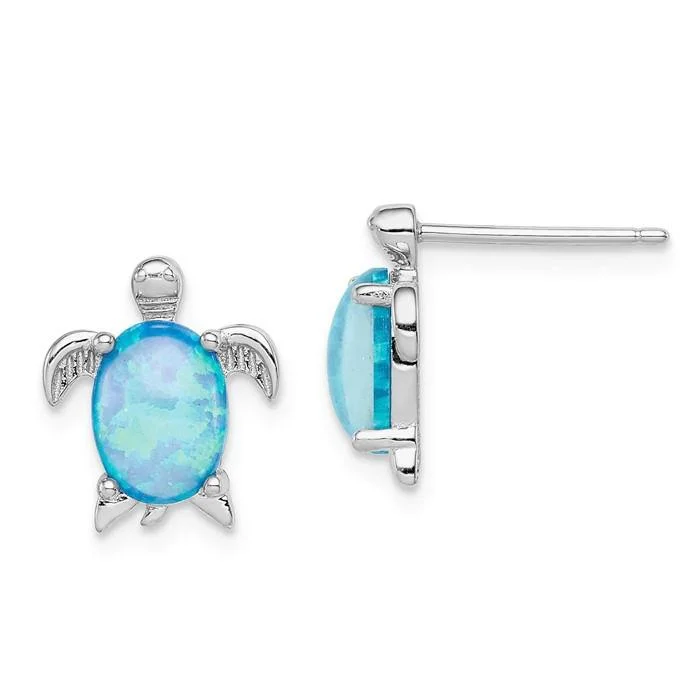 Fine enamel earrings-Sterling Silver Blue Created Opal Turtle Post Stud Earrings