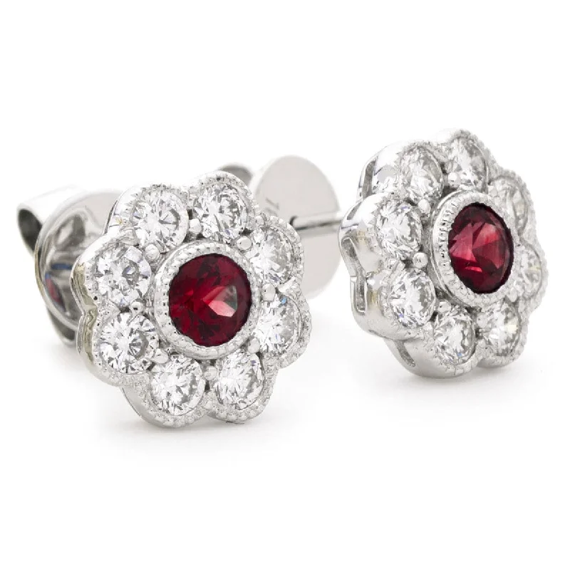 Stacked drop earrings-RUBY FLOWER  HALO STUD EARRINGS