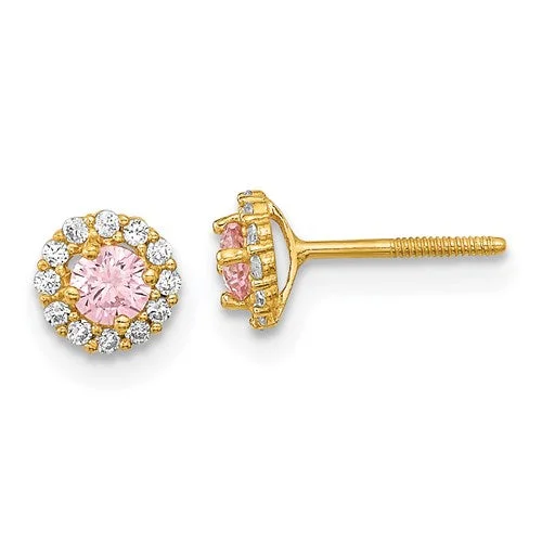 Raised disc earrings-14k Yellow Gold Solid Pink & White CZ Halo Screwback Earrings