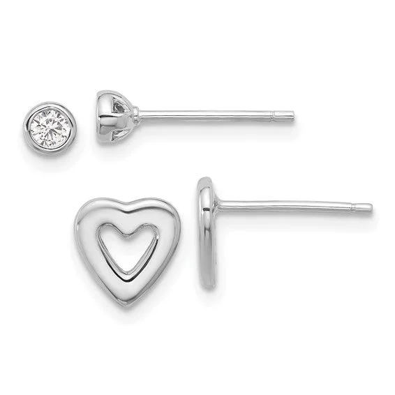 Lunar glow earrings-Sterling Silver Round CZ and Heart Post Earrings Set