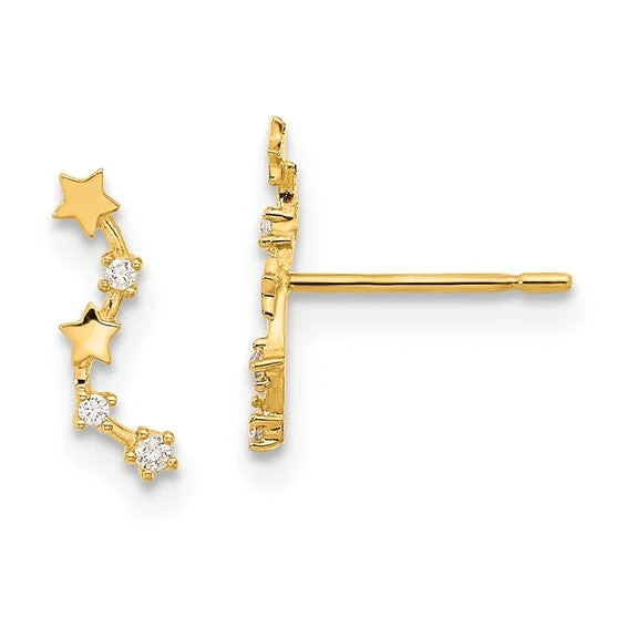 Charming pair earrings-14k Yellow Gold Curved Stars CZ Post Climber Earrings