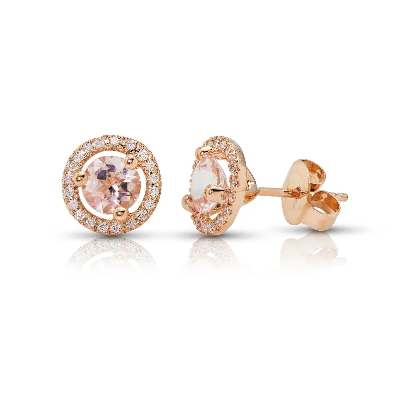 Cord bead earrings-14k Rose Gold Round Morganite & Diamond Halo Earrings - 6mm