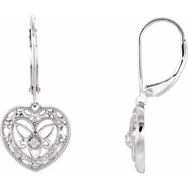 Flat coin earrings-Sterling Silver .02 CTW Diamond Lever Back Filigree Heart Earrings