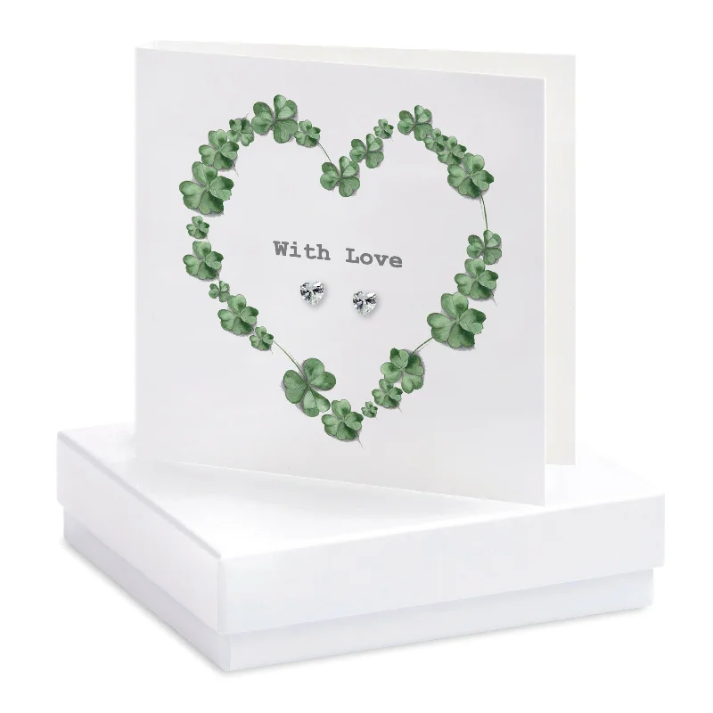 Handcrafted Sterling Silver Crystal Heart Stud Earrings with a Shamrock Card and Gift Box