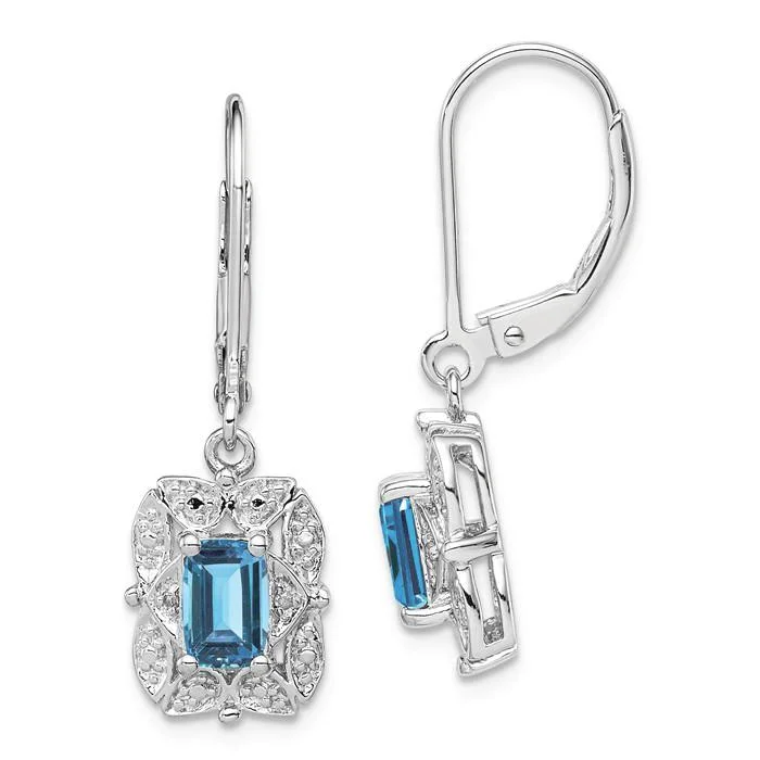 Polished art earrings-Sterling Silver Light Sky Blue Topaz and Diamond Accented Lever Back Earrings