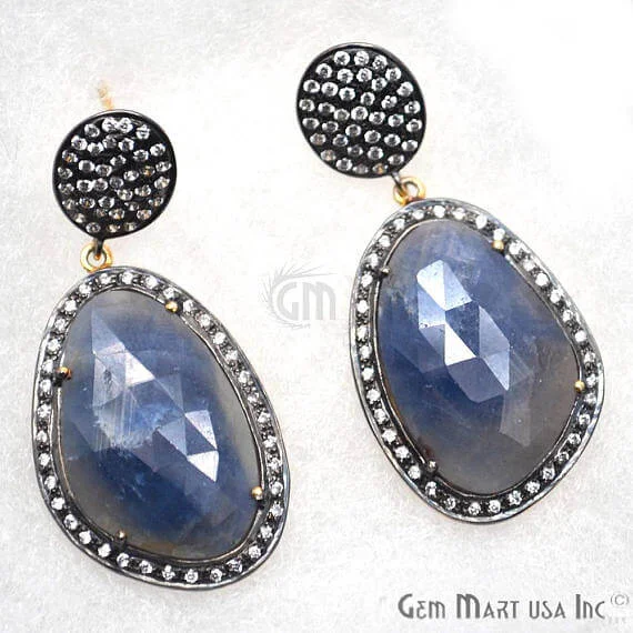 Wave shape earrings-Blue Sapphire With Cubic Zirconia Pave Diamond 42x20mm,Gold Vermeil Dangle Drop Stud Earring