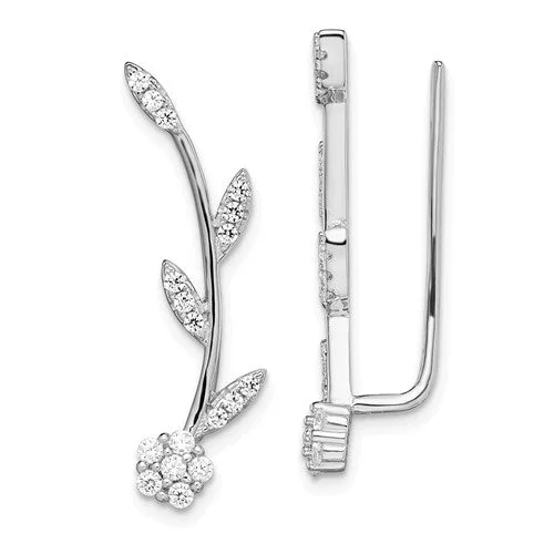 Surf theme earrings-Sterling Silver CZ Flower and Stem Climber Earrings