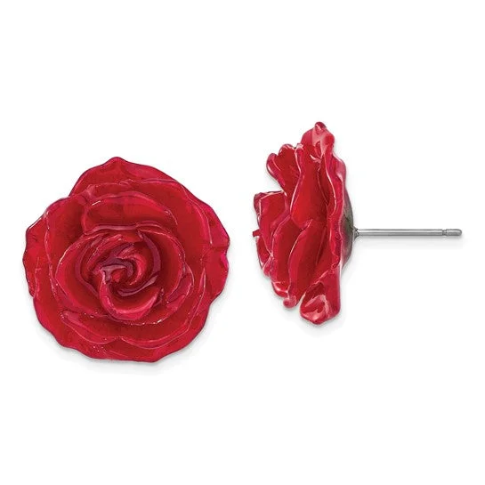 Wide hoop earrings-Lacquer Dipped Red Real Rose Post Earrings