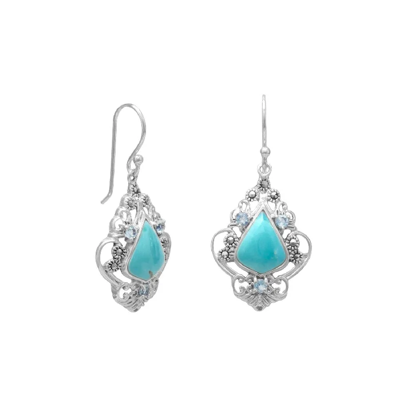 Stacked drop earrings-Sterling Silver Reconstituted Turquoise, Blue Topaz and Marcasite Dangle Earrings