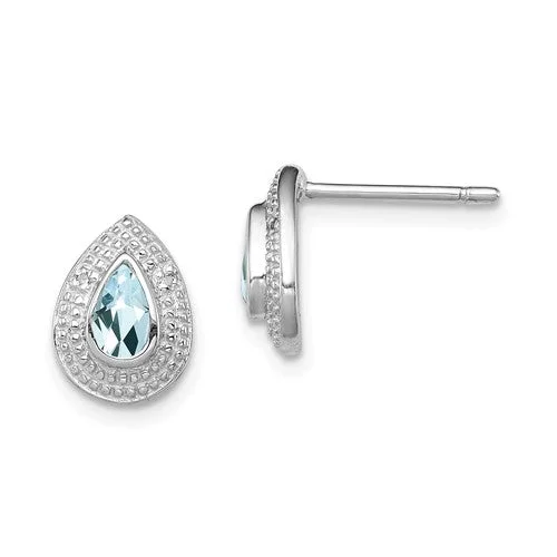 Art deco drop earrings-Sterling Silver Pear Aquamarine & Diamond Accented Post Earrings