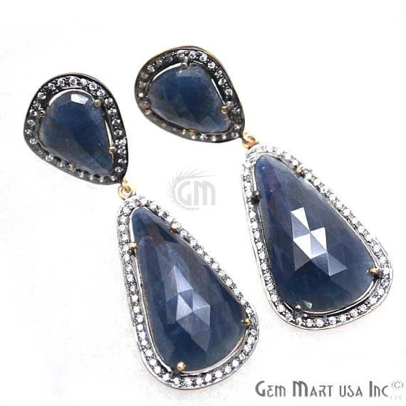 Square stud earrings-Blue Sapphire With Cubic Zirconia Pave Diamond 53x17mm,Gold Vermeil Dangle Drop Stud Earring