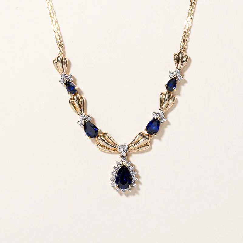 Broad weave necklaces-Synthetic Sapphire & Natural Diamond Necklace | 2.50ctw, 0.04ctw | 18" |