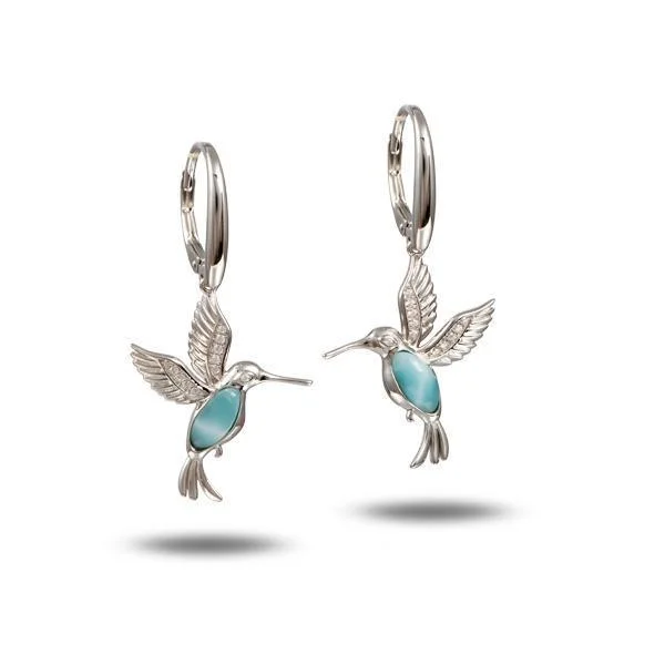 Bold cuff earrings-Larimar Flying Hummingbird Leverback Earrings by Alamea