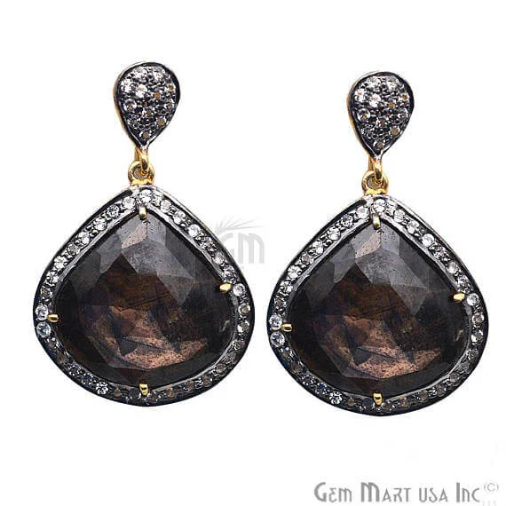 Patina brass earrings-Brown Sapphire With Cubic Zirconia Pave Diamond 39x25mm,Gold Vermeil Dangle Drop Stud Earring