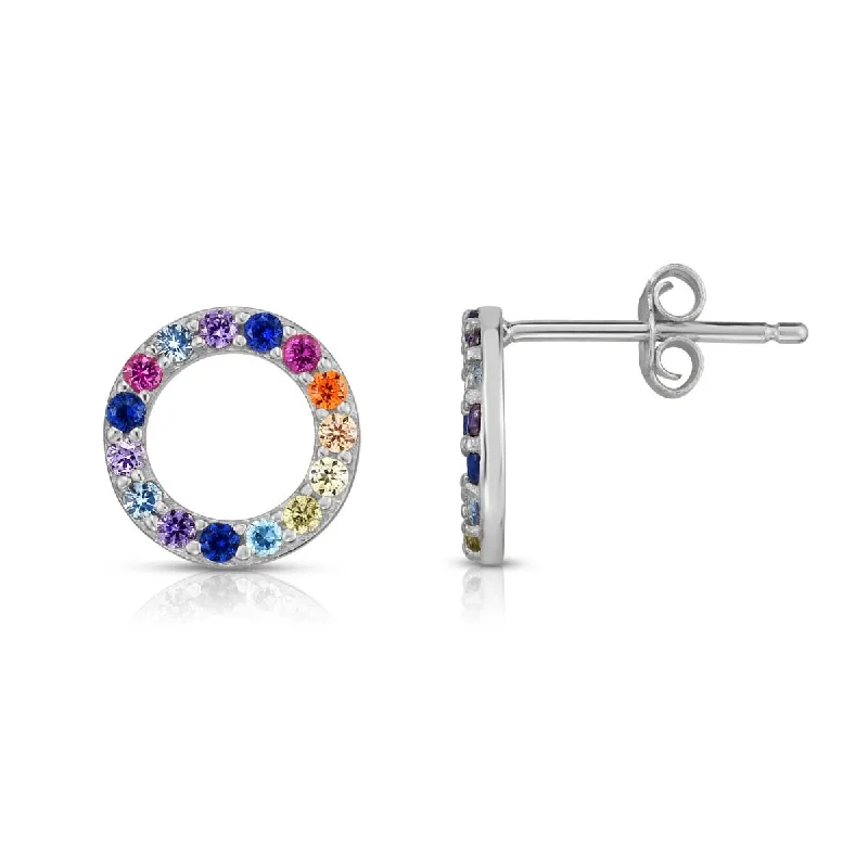 Loop knot earrings-Silver Rainbow CZ Round Stud Earrings