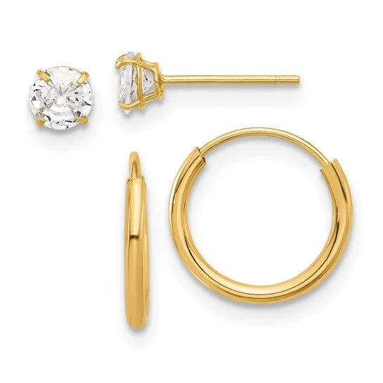 Tiny heart earrings-14K Gold 5mm CZ Studs and Small Endless Hoop Earrings Set