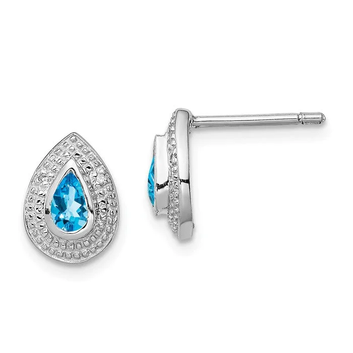 Oval dangle earrings-Sterling Silver Pear Swiss Blue Topaz & Diamond Accented Post Earrings