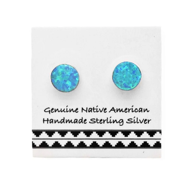 5mm Light Blue Desert Opal Stud Earrings, 925 Sterling Silver, Native American USA Handmade, Nickel Free, Synthetic Opal, Round