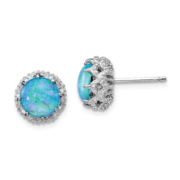 Wave shape earrings-Cheryl M Sterling Silver CZ & Round Blue Opal Halo Post Earrings