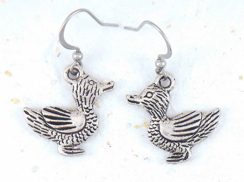 Short earrings with pewter ducks, stainless steel hooks