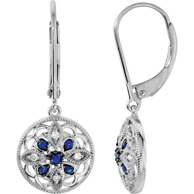 Two-sided earrings-Sterling Silver Blue Sapphire Diamond Granulated Filigree Leverback Earrings