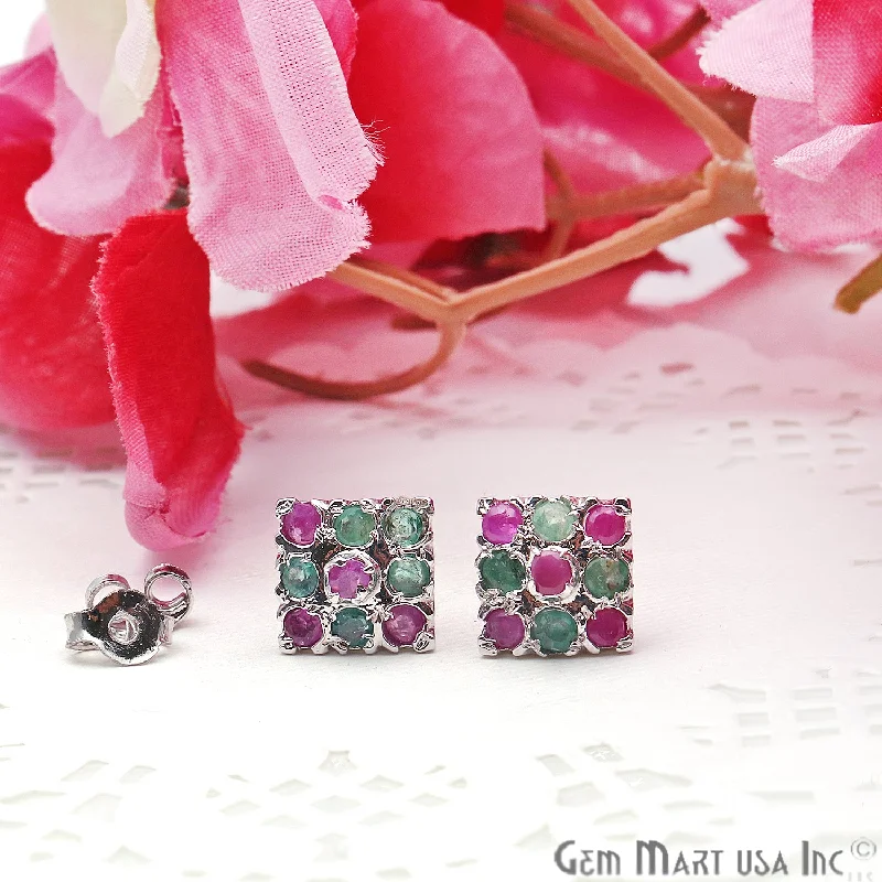 Emerald stone earrings-Emerald With Ruby 10mm Sterling Silver Square Shape Stud Earring