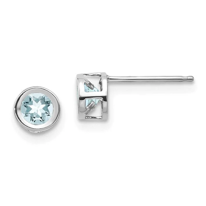 Fine triangle earrings-14k White Gold 4mm Round Aquamarine Bezel Set Earrings