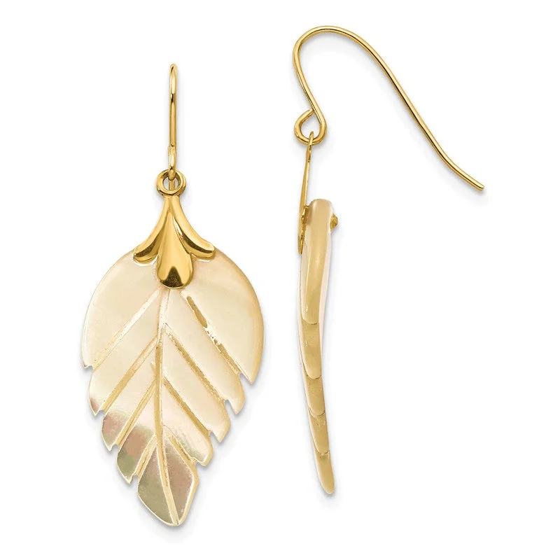 Thick hoop earrings-14k Gold Mother Of Pearl Leaf Dangle Earrings