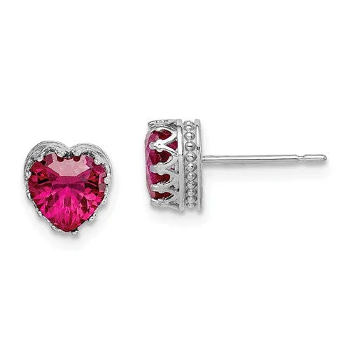 Ruby stone earrings-10k White Gold Tiara Collection 6mm Heart Created Ruby Crown Earrings