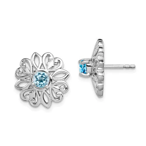 Flat coin earrings-Sterling Silver Sky Blue Topaz Filigree Flower Stud Jacket Earrings