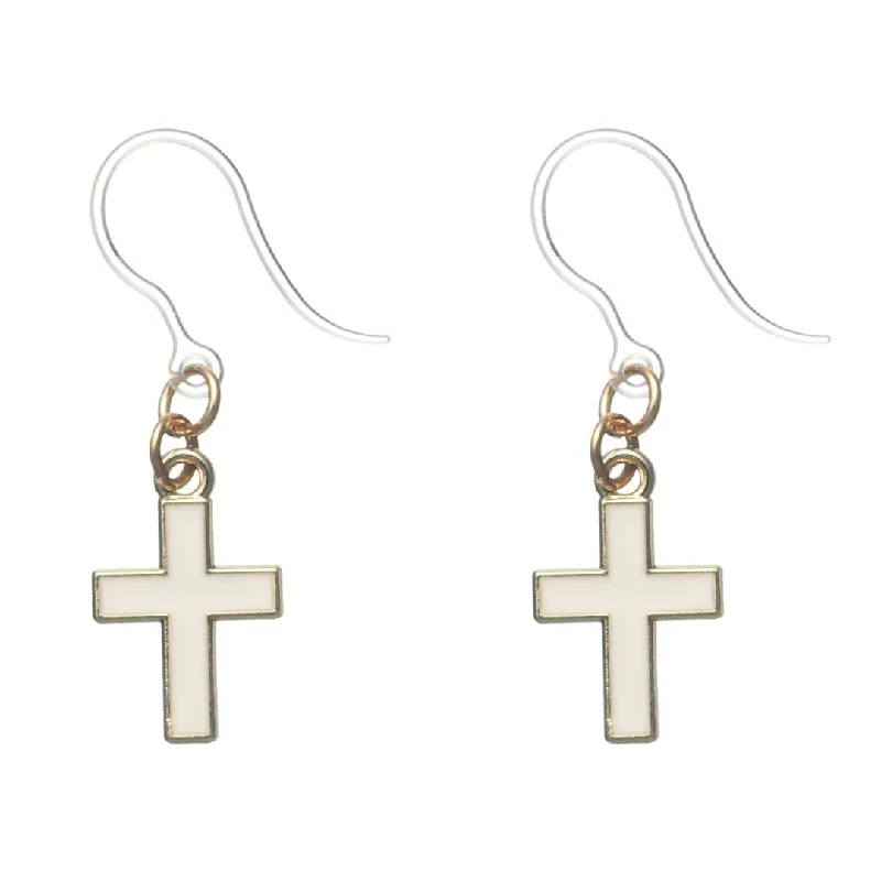 Gold Rimmed Cross Dangles Hypoallergenic Earrings for Sensitive Ears Made with Plastic Posts