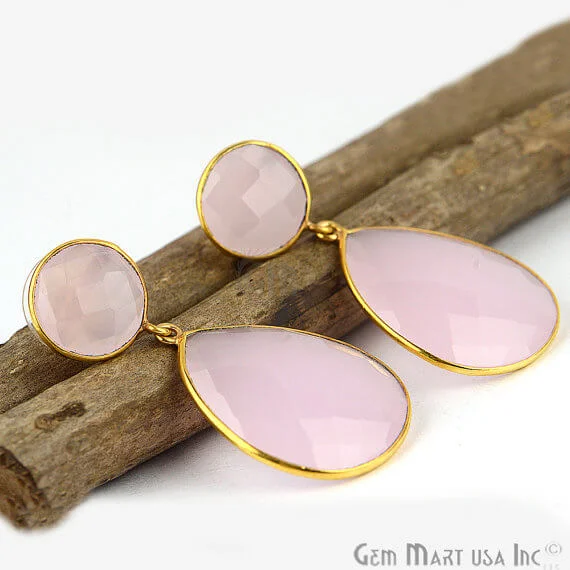 Reed style earrings-Rose Chalcedony Round & Pears Shape 42x20mm Gold Plated Dangle Stud Earrings