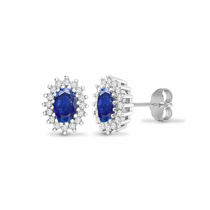 Charming pair earrings-SAPPHIRE HALO STUD EARRINGS IN 9K WHITE GOLD