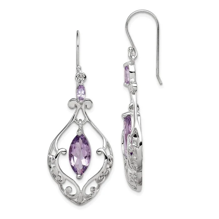 Fiber fringe earrings-Sterling Silver Marquise Amethyst Filigree Dangle Earrings